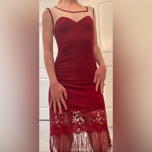 Mesh Top Lace Bottom Red Midi Dress - Small